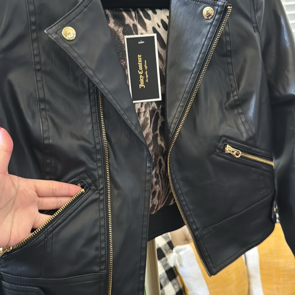 NWT! JUICY COUTURE Black Faux Leather Moto Jacket Size S Leopard Print Lining - Picture 6 of 7